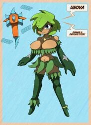 alternate_breast_size alternate_color blue_eyes dark-skinned_female dark_skin gardevoir grass_skirt green_hair huge_breasts kiroxiii necklace oc pokemon pokemon_(species) regional_form_(pokemon) text watermark