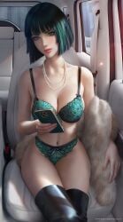 1girls big_breasts bra breasts car car_interior cellphone clothing coat collarbone curvaceous fubuki_(one-punch_man) fur_coat green_clothing leather_boots lingerie looking_at_viewer one-punch_man overknee_boots panties solo thigh_boots wickellia