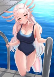 1girls axolotl_girl blush climbing_ladder female female_only harmonycapybara indie_virtual_youtuber light-skinned_female light_skin looking_at_viewer one-piece_swimsuit ophelia_(nymphelia) pink_hair pool smile solo swimwear virtual_youtuber water