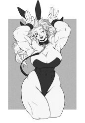 1girls abs absurd_res armpits arms_behind_head arms_up big_latissimus_dorsi breasts bunny_ears bunnysuit cleavage collar dorohedoro ear_piercing earrings female_only greyscale haction_(artist) large_breasts leash leash_and_collar lipstick long_hair looking_at_viewer monochrome muscular muscular_arms muscular_female muscular_legs navel noi_(dorohedoro) skin_tight smile solo solo_female thick_thighs thong_leotard wink wrist_cuffs