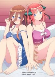 2girls artist_name asobi_night bangs bed black_ribbon blue_eyes blue_nails blue_nightgown blush breasts butterfly_hair_ornament cleavage collarbone colorized feet go-toubun_no_hanayome hair_between_eyes hair_ornament hair_ribbon highres kosmos_beta large_breasts looking_at_viewer multiple_girls nail_polish nakano_miku nakano_nino nightgown on_bed pink_hair pink_nightgown red_hair ribbon siblings sisters sitting smile thighs twins twintails two_side_up
