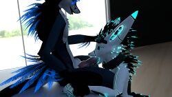 absurd_res animal_genitalia animal_penis anthro bed bioluminescence blue_body blue_eyes blue_markings bluefire_silverfang bluefire_silverfang_(artist) bodily_fluids canid canine canine_penis clothed clothing cum cum_in_mouth cum_inside dominant dominant_male draghuvicfire duo duo_focus ejaculation erection eyewear eyewear_on_head fangs feathers fellatio forced forced_oral furniture genital_fluids genitals glowing goggles goggles_on_head group head_grab held_by_hands hi_res knot male male/male mammal markings oral partially_clothed penile penis pinned quills rexouium scarf sex submissive submissive_male white_body