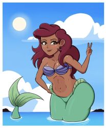 alternate_hair_color alternate_skin_color ariel ariel_(halle_bailey) belly blush bottomless bottomless_female bra breasts brown_eyes cleavage clothing completely_nude dark-skinned_female dark_skin disney disney_princess eyelashes female gesture green_tail hand_on_hip happy in_water jpeg long_eyelashes looking_at_viewer mermaid mermaid_tail nekiny nudity outdoor_nudity outside partially_clothed pose seashell seashell_bra smile standing standing_in_water tail the_little_mermaid the_little_mermaid_(2023) topless v_sign water