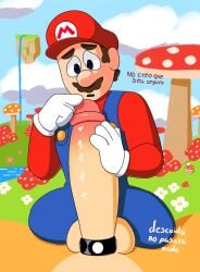 2boys balls before_oral before_sex big_penis blue_eyes blue_pants bowser bracelet brown_hair cartoony cock_ring elpapitox45 gay male male/male male_only mario mario_(series) penis red_shirt spanish spanish_text super_mario_bros. super_mario_bros._(2023_film) text