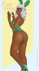 1girls 2022 ass bangs bunny_ears bunnysuit dark-skinned_female dark_skin eyeshadow female female_only green_eyeshadow heels hi_res league_of_legends leaning_on_wall long_hair looking_at_viewer luisinhero narrowed_eyes orange_eyes pink_lips qiyana_yunalai smiling_at_viewer solo thick_thighs white_hair wink winking_at_viewer