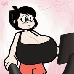 animated areola_slip areolae big_breasts bouncing_breasts chloe_(jinnsart) gif huge_breasts jinnsart jogging pac-man_eyes sports_bra treadmill wardrobe_malfunction