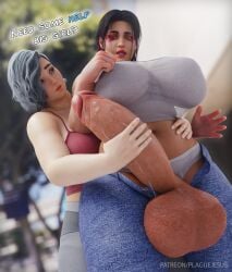 3d apex_legends belly black_hair clothed futanari grabbing grey_hair huge_balls huge_breasts huge_cock jeans jerking loba_(apex_legends) makeup nipple_bulge no_nut_november panties pants_open partially_clothed plaguejesus text tight_clothing touching valkyrie_(apex_legends) yoga_pants