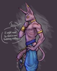 anthro balls beerus big_balls big_penis boner dragon_ball dragon_ball_super erection felid feline feline_humanoid furry gay god_of_destruction hairless_cat loincloth loincloth_aside male male_only muscles penis penis_out precum sarquiat solo solo_male speech_bubble sphynx_(cat) tail