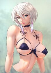 1girls 2022 android aqua_eyes bikini_top breasts calad_g choker disembodied earrings feather_earrings female female_only hi_res looking_at_viewer medium_hair mole mole_under_mouth nier:_automata red_lips side-tie_bikini solo upper_body white_hair yorha_2b