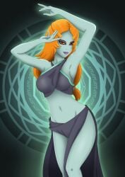 1girls belly_dancer black_outfit dancer_outfit lipstick long_hair looking_at_viewer mascara midna midriff purple_lipstick red_eyes red_hair skirt smile solo_female solo_focus the_legend_of_zelda twili twili_midna twilight_princess xvzzz