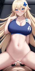 ai_generated blonde_hair blue_eyes blush cleavage cum cum_in_pussy cum_inside durandal_(honkai_impact) gym_uniform hair_ornament honkai_impact_3rd huge_breasts long_hair n.c.b_ai nai_diffusion pov sex smile stable_diffusion thighs vaginal_penetration