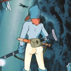 1girls 80s big_ass blue_shirt bottomless curvaceous edit female gloves gun hat light-skinned_female light_skin mask nausicaa nausicaa_of_the_valley_of_the_wind orange_hair pussy studio_ghibli sword