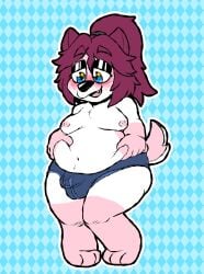 2022 3_toes 5_fingers anthro areola badger belly belly_grab belly_squish blush boxers_(clothing) bulge chest_tuft clothing cute_fangs feet fingers freckles fudo_monsuta fur hair hi_res male mammal moobs mustelid musteline nipples nuggy_(anaugi) open_mouth open_smile overweight pattern_background pink_body pink_fur ponytail red_hair simple_background smile solo squish star_eyes toes tuft underwear