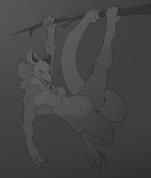 anthro breasts didelphid female greyscale hanging_from_branch hi_res looking_at_viewer mammal marsupial mature_female monochrome multi_nipple nipples open_mouth prehensile_tail servali_sketch slightly_chubby