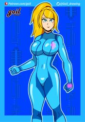 1girls artist_logo big_breasts blonde_hair blue_bodysuit blue_eyes bodysuit breasts cameltoe female female_only goil_drawing hi_res metroid nintendo png samus_aran solo standing video_game video_game_character video_games zero_suit zero_suit_samus