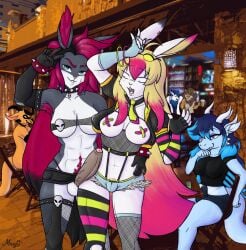 alcohol animal_humanoid anthro armpit_hair beer beverage black_clothing black_shirt black_topwear blue_body blue_hair body_hair bonny_(yamiikarus) bottomwear breasts bulge chair clothing dragon draigy felid feng_lion furniture genitals gloves group hair hands_behind_back handwear hi_res horn hotpants humanoid lagomorph lagomorph_humanoid legwear leporid lion looking_at_another looking_at_viewer looking_pleasured lully_pop mammal mammal_humanoid maxyg muscular necktie night on_chair pantherine penis photo_background piercing rabbit red_hair scar scared shirt shorts sitting sitting_on_chair skull_accessory smile stockings talking_to_another teeth_showing topwear vein veiny_penis