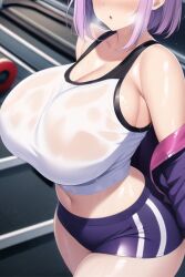 1girls adult_swim ai_generated booty_shorts breasts eyes_out_of_frame female gym_clothes huge_breasts indoors jacket light-skinned_female light_skin nai_diffusion purple_hair shinjou_akane short_hair short_shorts shorts sport_shorts sports_bra sportswear ssss.gridman stable_diffusion sweat sweaty_body toonami