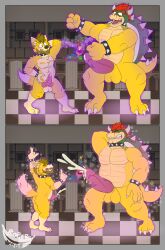 2boys absurd_res anthro balls beard big_penis blush bodily_fluids bowser brown_hair canid canine canis collar comic cum dancing domestic_dog duo ejaculation erection facial_hair fur gay genital_fluids genitals hair hi_res hybrid hypnosis magic male male/male male_only mammal mario_(series) mind_control muscular music_box musical_note nintendo original_character pecs penis pillars red_hair rogerwoof rogerwoof_(character) scalie shell spiked_collar spiked_shell spikes spikes_(anatomy) super_mario_bros. video_games yellow_body yellow_fur