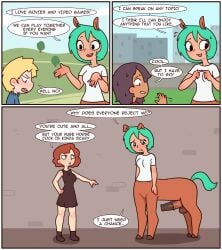 1futa 1girls 2022 2boys animal_genitalia animal_penis balls bottomless breasts centaur clothed clothing comedy comic dark-skinned_male dark_skin dialogue english_text equid equid_taur equine_penis erection female flirting funny futanari genitals green_hair gynomorph hair hi_res horsecock human humanoid humanoid_taur humor intersex light-skinned_female light-skinned_futanari light-skinned_male light_skin male mammal mammal_taur partially_clothed penis red7cat speech_bubble standing tagme taur text wholesome