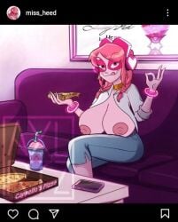 1girls accurate_art_style axxxolartz big_breasts breasts casual edit edited edited_screencap female heart_eyes huge_breasts instagram miss_heed_(villainous) pink_eyes pink_hair pink_skin screencap screenshot screenshot_edit villainous