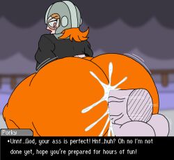 anal anal_sex anal_through_clothes balls black_shirt blush claus clothed_sex cum cum_inside earthbound english huge_ass huge_cock long_hair mother_(series) mother_3 nintendo open_mouth orange_hair penetration penetration_through_clothes porky_minch red_eyes rule_63 text text_box thick_thighs through_clothes