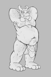 anthro asgore_dreemurr balls beard belly big_belly bodily_fluids body_hair bovid caprine clothing facial_hair flaccid genitals goat hands_behind_head hi_res male male_only mammal mature_male monochrome muscular muscular_male overweight overweight_male penis rokie38 solo strongfat sweat sweating thong undertale undertale_(series) underwear video_games