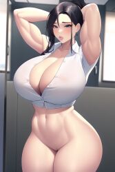 1girls abs ai_generated ara_ara armpits arms_up belly biceps big_biceps big_breasts big_butt big_lips black_hair blush bottomless button_down_shirt cleavage curvy hair_bun hair_up hairbun huge_ass huge_breasts imminent_sex inviting mature_female milf motherly muscular muscular_female nai_diffusion no_panties office office_lady public_exposure public_nudity stable_diffusion tetra_ai thick_thighs toned toned_female unbuttoned unbuttoned_shirt voluptuous white_shirt wide_hips