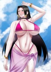 1girls black_hair blue_eyes boa_hancock female female_only hairy_pussy hourglass_figure huge_breasts long_hair one_piece pubic_hair sarong solo_female voluptuous zinfian