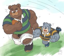 2022 anthro assisted_exposure balls blush bodily_fluids bottomwear brown_body brown_fur censored clothing duo flaccid fur genitals goyemon_k grey_body grey_fur humanoid_hands kemono kumalino male mammal pantsing penis roast_(kumalino) rugby rugby_ball rugby_uniform sanrio scar shirt shorts slightly_chubby sweat topwear ursid