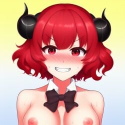 1girls ai_generated blush bonelab bowtie breasts breasts_out collar female female_focus female_only horns light_(bonelab) medium_breasts medium_hair nervous nervous_smile red_eyes red_hair sweat sweatdrop topless topless_female