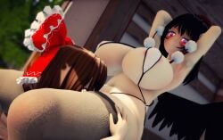 2girls 3d 3d_(artwork) background big_breasts black_hair breasts brown_hair female female_only licking_pussy looking_up mmd orange_eyes red_eyes red_ribbon reimu_hakurei shameimaru_aya touhou vovun wings yuri