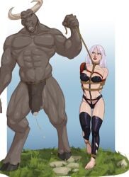 1boy 1girls anthro bad_end barefoot barefoot_on_grass beastman beastman_(warhammer) big_dom_small_sub bitch_taken_for_walk black_legwear black_thighhighs black_thong blue_eyes bondage bound captured captured_heroine collar damsel_in_distress defeated defeated_heroine defiant defiant_sub domination enslaved female femsub forced forced_submission frown games_workshop heavy_metal helpless hooves horns horsecock human humiliation ineffective_loincloth interspecies kataaoyoc kidnapped larger_male leaking_precum leash loincloth maledom minotaur outside restrained revealing_clothes rope rope_bondage sex_slave size_difference skimpy_clothes slave slave_collar slavegirl slaver smaller_female submissive submissive_female taarna thong tied_up toeless_legwear unhappy unhappy_female walking warhammer_(franchise) warhammer_fantasy white_hair worried