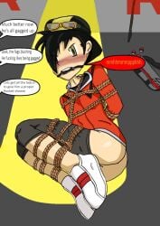 1boy ass baroniuslewdica black_hair bondage ethan_(pokemon) gold_(pokemon) human male male_only nintendo pants_down pokémon pokemon pokemon_(manga) pokemon_gsc solo team_rocket text toony