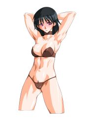 1girls areola_slip areolae arikawa armpits big_breasts black_hair busty cleavage large_breasts legs pose posing pubic_hair purple_eyes school_rumble sexy_armpits solo thighs thong_bikini toned tsukamoto_yakumo