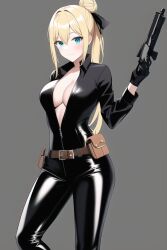 1girls ai_generated aqua_eyes big_breasts blonde_hair bodysuit busty cleavage female female_only gun hair_bun hi_res large_breasts legs long_hair looking_at_viewer nai_diffusion nancy_lee navel ninja_slayer smile solo stable_diffusion thighs unzipped unzipped_bodysuit voluptuous weapon