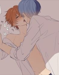 2boys aoyagi_touya blue_hair gay kissing making_out male_only project_sekai red_hair shinonome_akito two_tone_hair yaoi