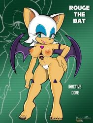 anthro big_breasts body_tattoo breasts chest_gem chiropteran colored_nails colored_toenails eyeshadow female genitals hi_res lipstick makeup mammal membrane_(anatomy) membranous_wings nails nipples pepamintop pose pubes pussy rouge_the_bat sega smile solo sonic_(series) sonic_the_hedgehog_(series) toenails wings