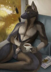 absurd_res anthro autumn balls beverage book canid canine canis djano domestic_dog fur genitals german_shepherd herding_dog hi_res male mammal mug nude pastoral_dog penis penis_tip relaxing solo tasteful_nudity tea