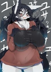 black_hair blush blush female female_focus female_only grey_fur hands_on_breasts hands_on_own_breasts huge_breasts jacket kouseki0024 mightyena nintendo open_mouth pokémon_(species) pokemon red_eyes see-through see-through_clothing thick thick_thighs visible_nipples