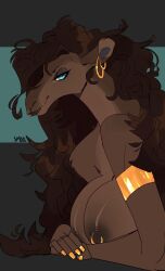 anthro blue_eyes brown_body brown_fur camel camelid ear_piercing ear_ring facial_piercing female fur gold_(metal) gold_jewelry hair hi_res jewelry lip_piercing long_hair looking_at_viewer mammal nipple_piercing nipples piercing ring_piercing signature simple_background smooshkin solo