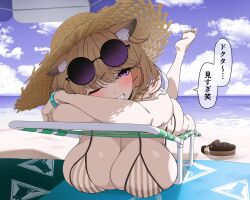 1girls animal_ear_fluff animal_ears arknights beach big_breasts bikini blonde_hair blonde_hair_female blush bracelet breast_rest breasts chair chimera cleavage clothed clothed_female coral_coast_series cute dialogue doctor_(arknights) ears_down eyewear_on_head fangs female female_only hair_between_eyes hair_ornament hairclip happy hat horny large_breasts leg_up makino_(artist) ocean one_eye_closed pale-skinned_female pale_skin pov purple_eyes sea seductive seductive_pose short_hair sitting_on_chair sky smile solo speech_bubble straw_hat sunglasses sunglasses_on_head tagme tail text umbrella utage_(arknights) utage_(summer_flowers)_(arknights) voluptuous wink