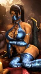 3d ass banskinator bed big_ass big_breasts black_hair breasts candles elegant female kitana kitana_(mk9) long_hair looking_at_viewer mask mortal_kombat mortal_kombat_(2011) princess shy thick thick_thighs thighs urbanator