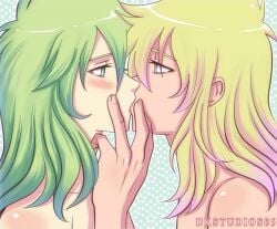 2boys andromeda_shun blonde_hair blue_eyes blush couple cygnus_hyoga dkstudios05 duo eye_contact eyebrows_visible_through_hair eyes_visible_through_hair femboy from_side gay green_eyes green_hair half-closed_eyes hand_up human human_only kissing long_hair looking_at_another love male male_only multiple_boys multiple_males neck nude nude_male saint_seiya shiny shiny_hair yaoi