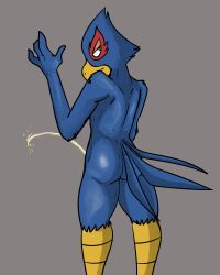 1boy absurd_res anthro ass avian bird bodily_fluids falco_lombardi genital_fluids hi_res illegaleel implied_penis looking_back male male_only nintendo nude peeing rear_view solo star_fox urine urine_stream