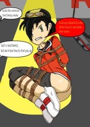 1boy ass baroniuslewdica black_hair bondage ethan_(pokemon) gold_(pokemon) human male male_only pants_down pokémon pokemon pokemon_(manga) pokemon_gsc solo team_rocket text toony