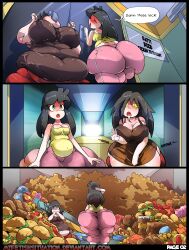 2girls 3_panel_comic ass belly black_hair breast comic drool drooling english_text female female_focus female_only food green_eyes hips inuyasha kagome_higurashi large_ass large_breasts myfetishsituation nipple_bulge overweight overweight_female page_2 page_number sango star_eyes stomach text thick_thighs thighs wide_hips