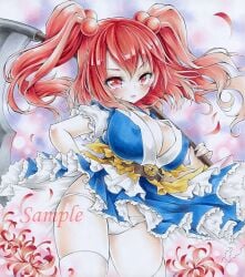 arim0k0 breasts female hair_ornament highres komachi_onozuka large_breasts onozuka_komachi panties petals red_eyes red_hair sample_watermark shikishi touhou traditional_media underwear