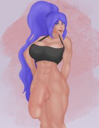 0w0wer 1futa 2019 abs balls ballsack big_breasts big_penis bottomless breasts clothed clothing flaccid foreskin futa_only futanari huge_cock human light-skinned_futanari light_skin long_hair looking_at_viewer muscular muscular_futanari navel original original_character partially_clothed penis ponytail purple_eyes purple_hair smile solo sports_bra standing thick_penis thick_thighs thighs uncircumcised