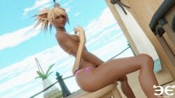 1girls beach blonde_hair cat_ears cat_eyes cat_tail catgirl dark-skinned_female dark_skin eorzean_erotica face_markings final_fantasy final_fantasy_xiv kemonomimi looking_at_viewer m'naago miqo'te orange_eyes outdoors outside sitting sitting_on_chair solo