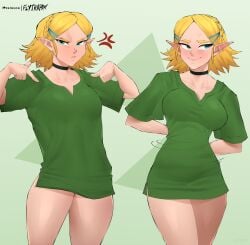 1girls anger_vein artist_name big_breasts blonde_hair boyfriend’s_shirt choker clothed female female_only flytrapxx fully_clothed green_eyes green_shirt hidden_curves link link_(cosplay) medium_breasts meme nintendo patreon_logo princess_zelda shirt shirt_only shirt_tighten_meme short_blonde_hair short_hair solo spoken_anger_vein t-shirt/pajamas_challenge tears_of_the_kingdom the_legend_of_zelda tight_clothes tight_clothing tight_fit zelda_(tears_of_the_kingdom)